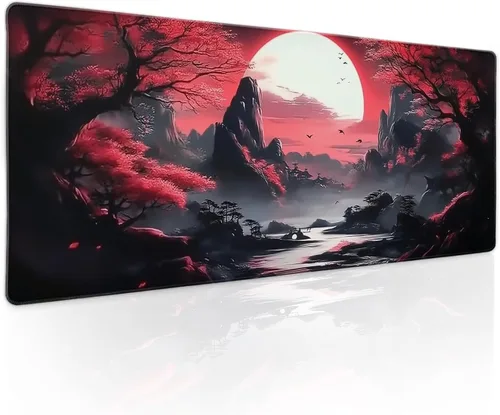 Miniatura 16 de Alfombrilla de mouse para juegos XL japonesa en negro y rojo con arte de peces koi, textura dorada, anime, borde cosido, base de goma antideslizante