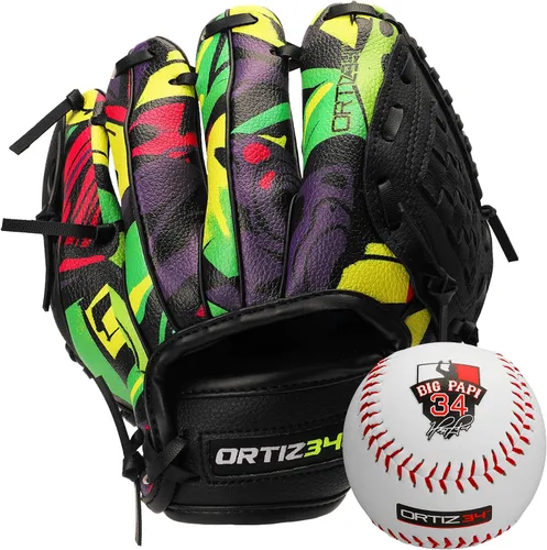 Guante de T-Ball con Graffiti de 9" - Guante de Béisbol Juvenil con Graffiti David Ortiz - Para Diestros, Fácil de Cerrar, No Requiere Verde/Púrpura