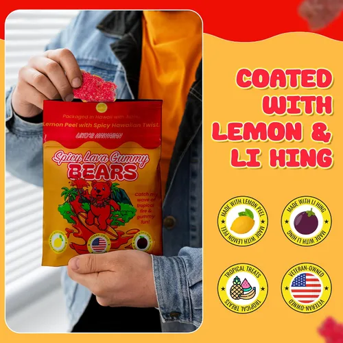 Miniatura 6 de Ositos de gomita de lava especiados hawaianos con li-hing y cáscara de limón, caramelo dulce, ácido y salado hecho en Hawái, aperitivo de gomita