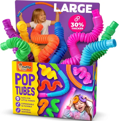 Nutty Toys Tubos Pop - Paquete grande de 8 juguetes sensoriales - Aprendizaje STEM creativo para niños y niños pequeños - ¡Conecta y revienta! Los