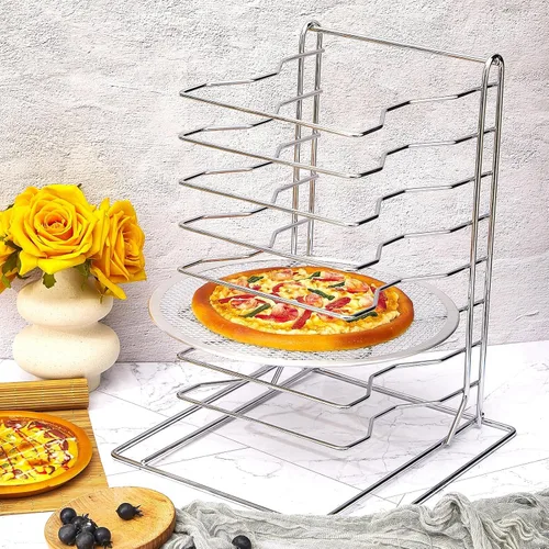 Miniatura 4 de Zhehao Estante para pizza de 8 niveles, 16.7 pulgadas de alto x 12 pulgadas de largo x 12 pulgadas de ancho y 8 bandejas con agujeros, juego