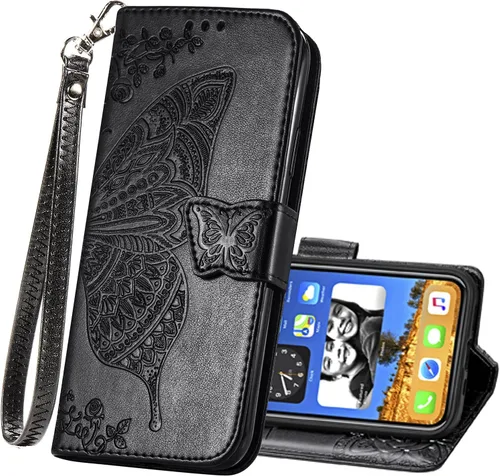 Funda tipo cartera para iPhone 13 Pro Max, funda protectora plegable de teléfono de cuero PU con correa para la muñeca, soporte para ranuras de