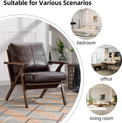 Miniatura 5 de INZOY Silla decorativa moderna de mitades de siglo con marco de madera, silla de sala de estar de piel sintética y sillón acolchado suave y grueso