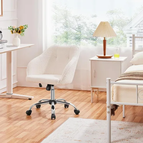 Miniatura 2 de Yaheetech Boucle - Silla de tocador de escritorio con respaldo, cómoda silla de oficina giratoria esponjosa con ruedas, altura ajustable, ángulo