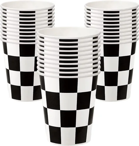 30 tazas de papel a cuadros para fiestas de coches de carreras en blanco y negro, para fiestas de cumpleaños temáticas de carreras