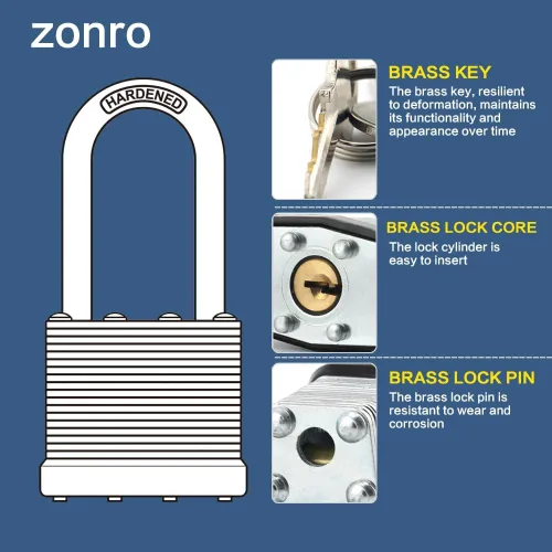 Miniatura 6 de ZonRo Candados de acero laminado con llave, cerraduras iguales con llave, 1-9/16 pulgadas de ancho, candados de grillete largo, paquete de 6, aro