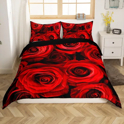 Miniatura 2 de Juego de funda de edredón de rosa roja, tamaño matrimonial, juego de ropa de cama floral color rojo degradado y negro para niñas, mujeres, niños