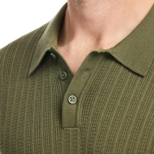 Miniatura 4 de SAKS Fifth Avenue Polo de punto acanalado con textura vertical de manga corta para hombre