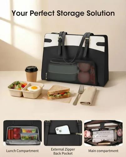 Miniatura 4 de RAINSMORE Bolsa para portátil 2 en 1 con compartimento de almuerzo aislado para mujeres, bolsa de trabajo de piel sintética de 15.6 pulgadas