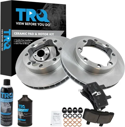 TRQ Kit de pastillas de freno delantero y rotor, kit químico de freno, pastillas de freno de cerámica compatible con Chevrolet K1500 Suburban