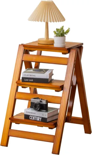 Latifolia Escalera plegable de 3 escalones, taburete de madera con protector de suelo, estante decorativo para sala de estar, cocina, jardín (nogal)