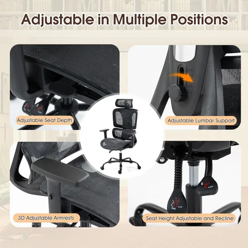 Miniatura 7 de Silla de oficina ergonómica con soporte lumbar ajustable, reposabrazos y reposacabezas 3D, silla reclinable de 135° con base de acero grande, silla