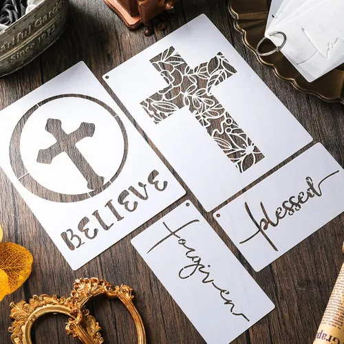 Miniatura 4 de Tinlade Juego de 9 plantillas de cruz cristianas, plantillas cristianas Believe Jesús Perdonado, Cruz Religiosa, Reutilizable, Plantilla de Pintura