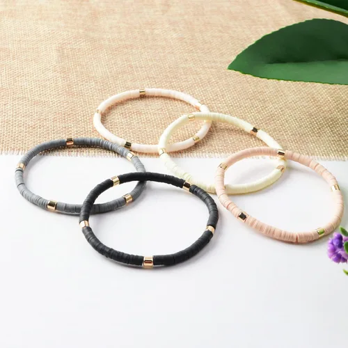 Miniatura 8 de Pulseras de cuentas de arcilla estilo heishi surfista para mujer, con discos de vinilo y dije de mal de ojo, apilables, pulseras elásticas