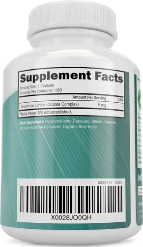 Miniatura 5 de Orotato de litio de 5 mg, 180 cápsulas de litio vegetarianas, suplemento de orotato de litio de 5 mg, 180 cápsulas de litio vegetarianas, ayuda a