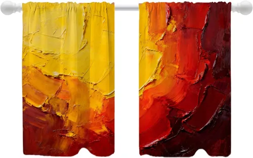 Miniatura 31 de Shrahala Beige and Orange Abstract Art Brushstrokes Blackout Curtain Tiers, Abstract Oil Paint Kitchen Valance Light Blocking Tier Drapes with Rod