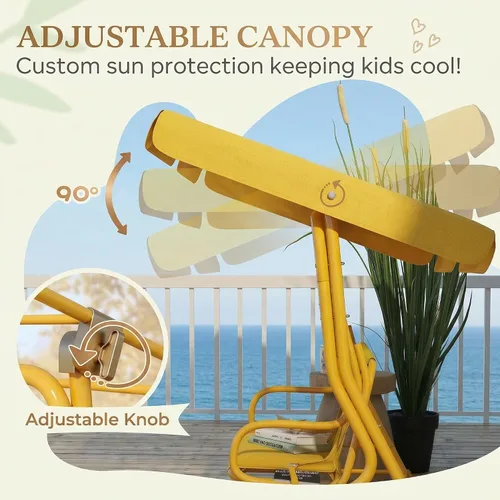 Miniatura 4 de Qaba Columpio de patio para niños, 2 plazas para porche al aire libre con toldo ajustable, cinturón de seguridad, banco colgante con patrón de león