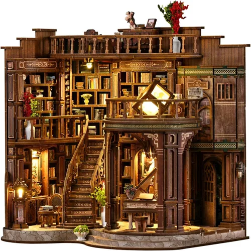 Miniatura 12 de Kit de rincón de libros, kit de casa de muñecas en miniatura con muebles y luz LED, rompecabezas 3D, sujetalibros de arte de madera, kits