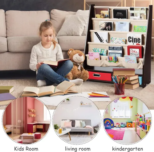 Miniatura 3 de HONEY JOY Estante para libros para niños con 2 contenedores de almacenamiento, estantería de madera para niños pequeños con 4 estantes de eslinga