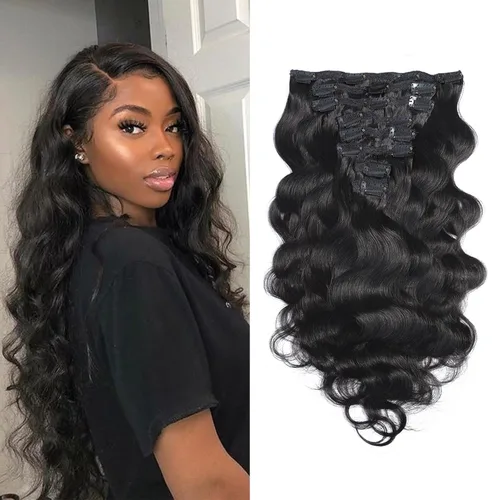 Miniatura 8 de Extensiones de cabello liso con clip para mujeres negras, 14 pulgadas, cabello humano sin procesar, grado 10A, suave, sedoso, color natural, clip