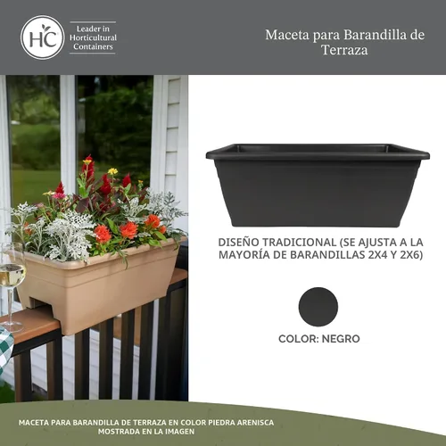 Miniatura 2 de The HC Companies Caja de Plantación para Barandilla de Cubierta con Tapones de Drenaje Removibles - Caja de Flores de Plástico Liviana y Resistente