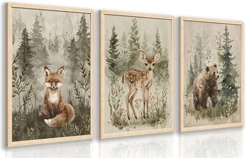 Miniatura 9 de kilamino Arte de pared de bosque neutral con animales salvajes, lindo póster de oso y zorro para guardería, impresiones de póster de aventura