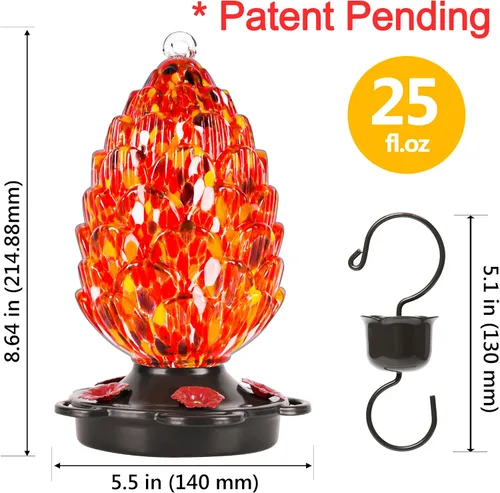 Miniatura 4 de LUJII Comedero para colibríes de vidrio soplado a mano en forma de cono de pino para colgar en exteriores, a prueba de óxido y fugas, 25 onzas Rojo