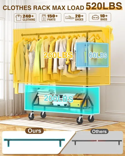 Miniatura 2 de Perchero de ropa resistente con carga de 520 libras, perchero ajustable con ruedas resistentes, percheros industriales de metal para colgar ropa