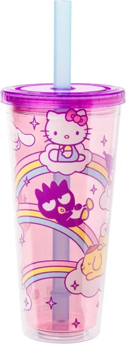 Silver Buffalo Sanrio Hello Kitty and Friends - Vaso de plástico Boba con tapa y popote con Hello Kitty, Cinnamorroll, Kuromi, My Melody, Badtz