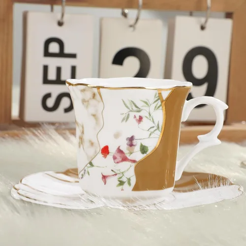 Miniatura 3 de fanquare Juego de 6 mini tazas de café de 2.7 onzas para expreso, tazas de té de porcelana floral con patrón de mármol, tazas y platillos