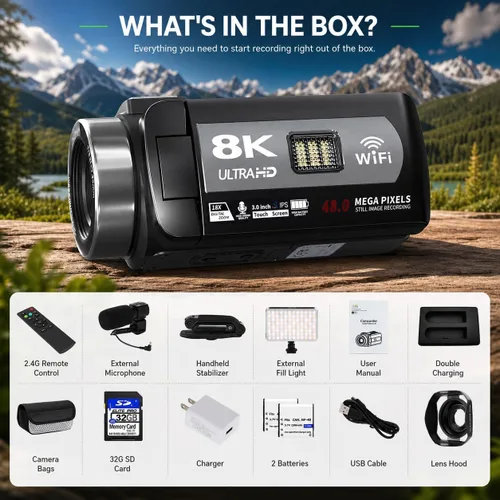 Miniatura 8 de Videocámara, videocámara 8K de 48 MP 15FPS UHD con Wi-Fi, cámara para vlogging con visión nocturna IR para YouTube, pantalla táctil de 3" con zoom