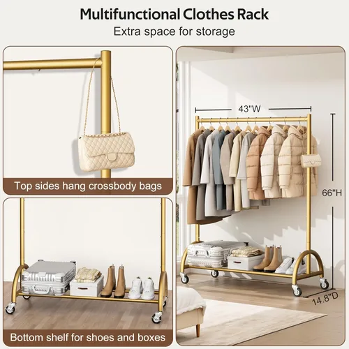 Miniatura 5 de MISSLO Perchero de ropa resistente con ruedas para colgar ropa, abrigos, ropa, vestidos, dorado