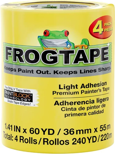FrogTape Cinta para pintores de superficies delicadas con bloque de pintura, 1.5 pulgadas de ancho (1.41 pulgadas x 60 yardas), baja adherencia,