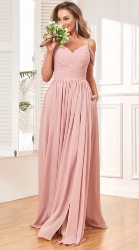 Miniatura 5 de BOLENSYE Vestidos de dama de honor con hombros descubiertos y bolsillos, vestido de noche formal con abertura larga de gasa fruncida