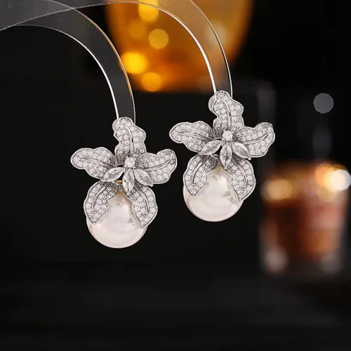 Miniatura 5 de Aretes de perlas redondas grandes con circonita cúbica para ceremonia de boda, accesorios elegantes