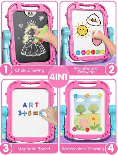 Miniatura 4 de Lehoo Castle Caballete para niños, caballete de arte para niños 4 en 1 de doble cara con pizarra blanca magnética y pizarra de tiza, caballete