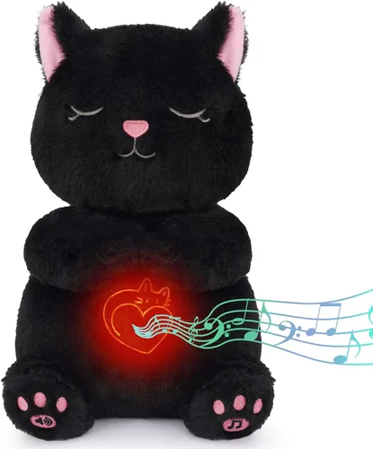 Animal de peluche que respira – Juguete de peluche de gato negro, máquina de sonido relajante con movimiento de respiración realista y luces,