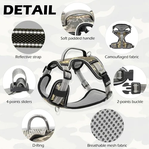 Miniatura 2 de Arnés reflectante para perro, arnés para perro grande sin tirones, con 2 clips para correa y asa de control, chaleco ajustable de camuflaje suave