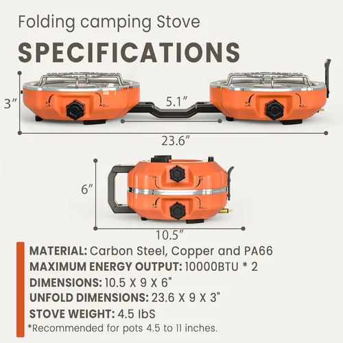 Miniatura 7 de Cofiyard Estufa de campamento de propano de 2 quemadores de 20,000 BTUs, estufa de campamento plegable portátil con quemadores ajustables, regulador