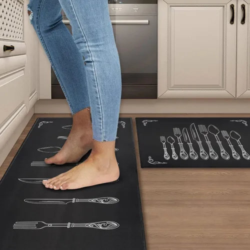 Miniatura 7 de Alfombras y tapetes negros de cocina antideslizantes, lavables, absorbentes, de microfibra, para piso, juego de 2 tapetes de cocina negros