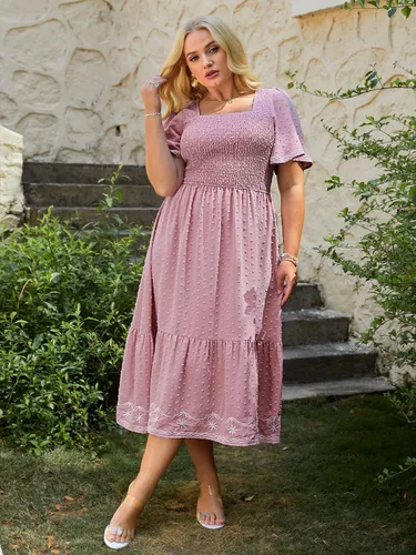 Miniatura 2 de Glamaker Vestido de Verano Casual de Manga Corta con Cuello Cuadrado Fruncido Talla Grande para Mujer Vestido Midi Suelto Línea A Vestido Largo