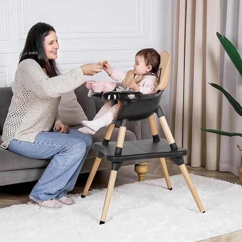 Miniatura 7 de Silla alta 6 en 1 para bebés y niños pequeños, silla alta de madera convertible, juego de mesa y silla, silla de alimentación para bebé, arnés Negro