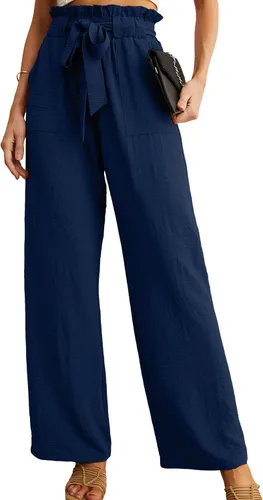 IWOLLENCE - Pantalones de pierna ancha para mujer con bolsillos, cintura alta, nudo ajustable, holgados, casuales, para trabajo y negocios