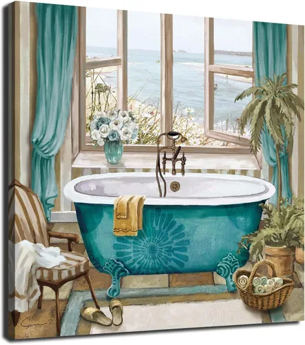 LAIART Impresión en Lienzo para Baño Arte Decorativo de Pared Imagen de Bañera Verde Azulado Vista al Mar desde la Ventana Obra de Arte