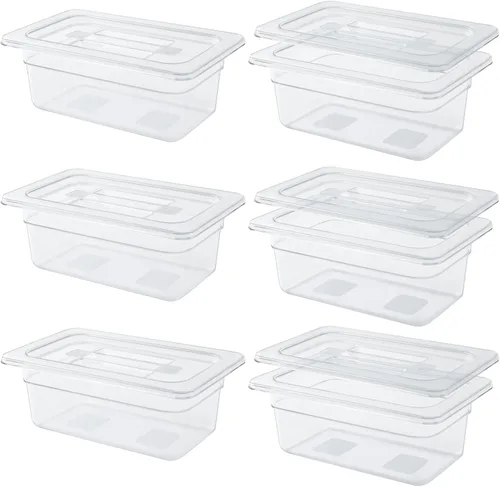 Miniatura 10 de Paquete de 6 sartenes transparentes de 1/3 de 4 pulgadas con tapas, recipientes de almacenamiento de alimentos transparentes de policarbonato 34/36