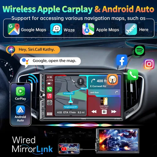 Miniatura 3 de Estéreo de auto de doble DIN de 7 pulgadas compatible con Apple CarPlay inalámbrico y Android Auto, puertos de subwoofer dual de 240 W y 4.2