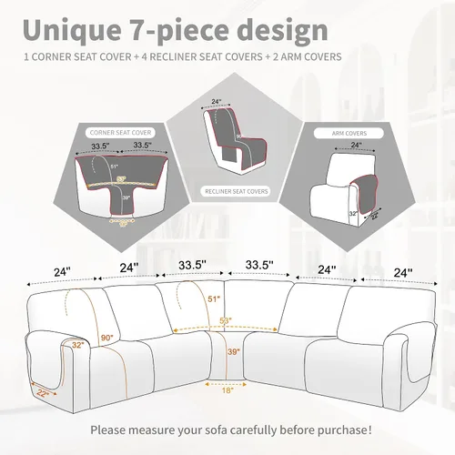 Miniatura 3 de Fundas impermeables para sofá seccional reclinable, fundas para sofá seccional reclinable en forma de L, 7 piezas, antideslizantes, lavables, juego