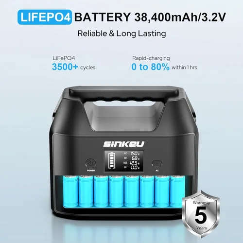 Miniatura 11 de Estación de energía portátil SinKeu de 122.8 Wh, generador solar de batería LiFePO4 para uso doméstico, banco de energía de 150 W con salida de CA