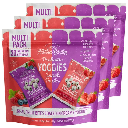 Miniatura 11 de Nature's Garden Probiotic Yoggies - Paquete múltiple de 21 onzas (fresa 15 x 0.7 onzas + bayas mixtas de 15 x 0.7 onzas) aperitivo saludable