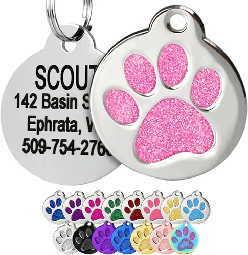 Etiqueta redonda GoTags de acero inoxidable con huella de pata para perros y gatos, personalizable con 4 líneas para grabar su identificación Rosa